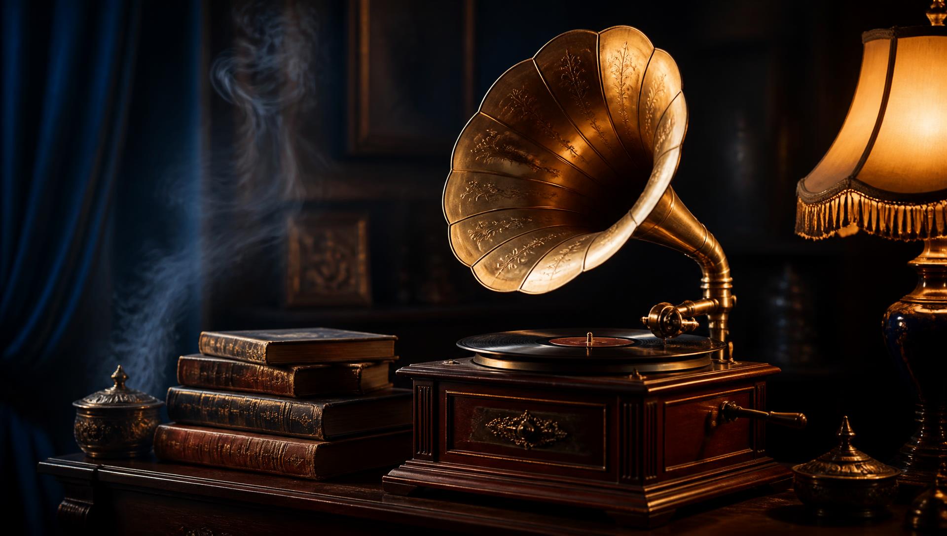 Grammophon mit Büchern in warmem Licht – die Hörkabine von Roman Just