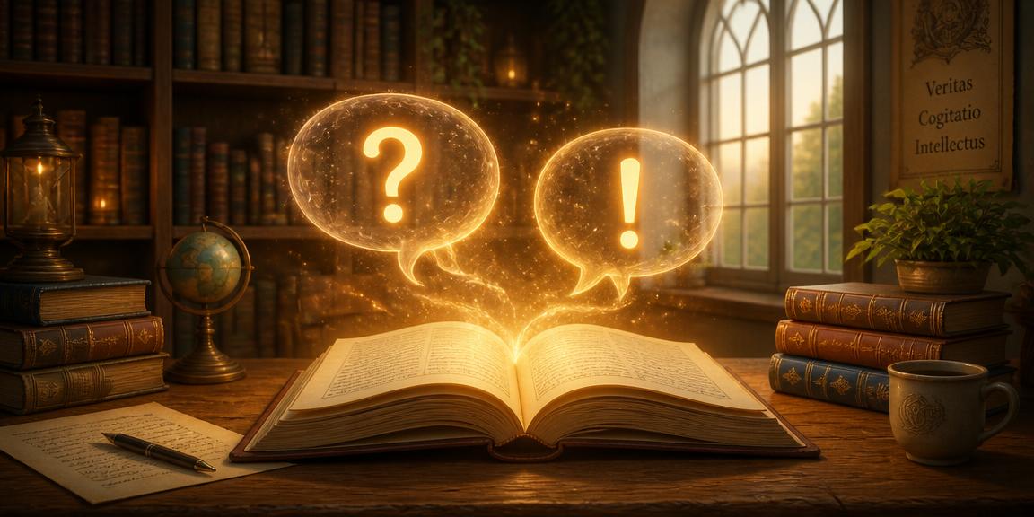 Fragen und Antworten – aufgeschlagenes Buch mit leuchtenden Sprechblasen für Frage und Antwort