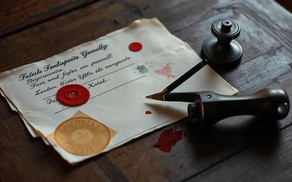 Vertragspapier mit rotem Siegel und Stempel auf einem Holztisch
