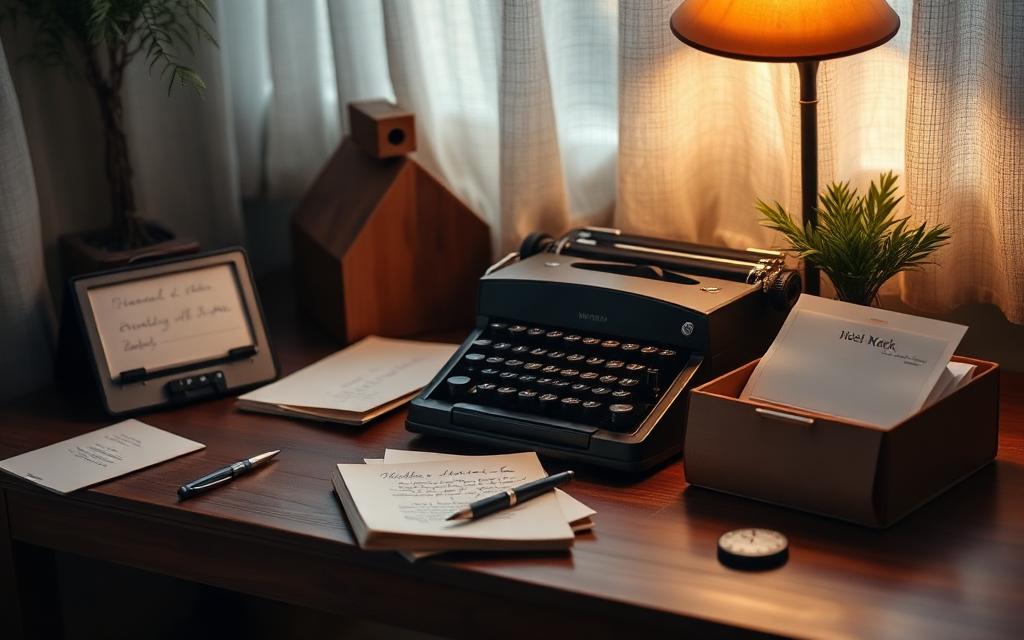 Schreibtisch mit alter Schreibmaschine, Briefen und Visitenkarte